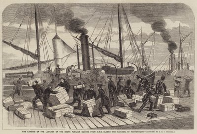 Lo Sbarco dei Bagagli delle Guardie Scozzesi Fusiliere dalla HMS Blazer e Rainbow, a Portsmouth da Richard Ubsdell